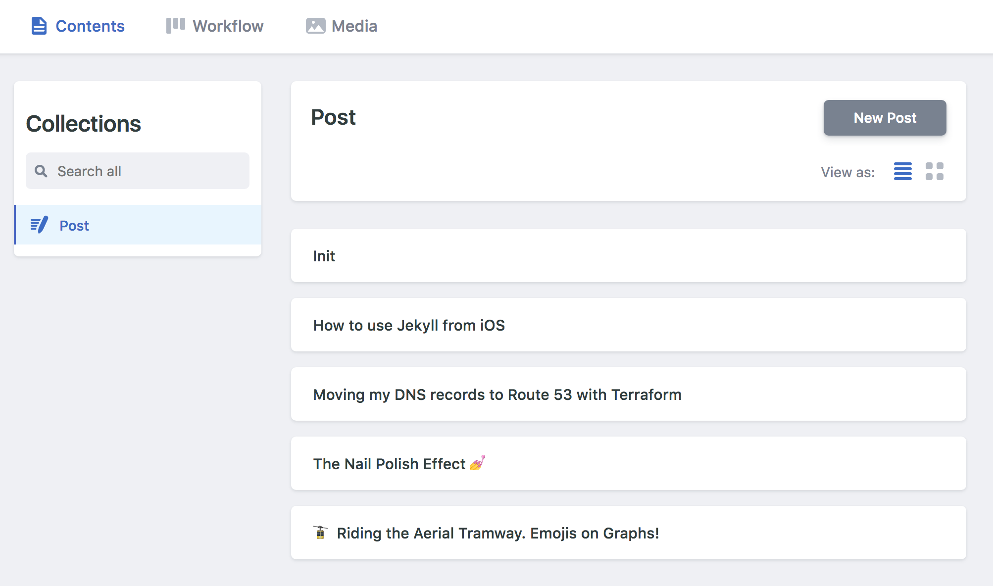 Screenshot of CMS, with 5 posts listed