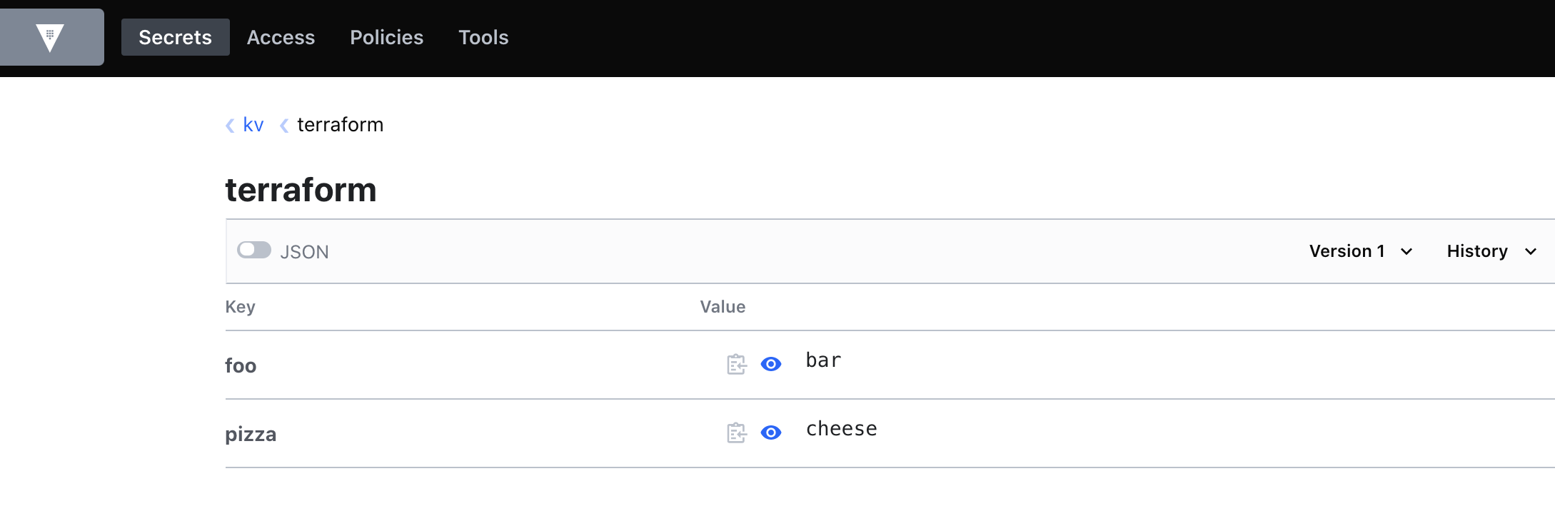 Vault Secret, at kv/terraform. Data is foo=bar, pizza=cheese